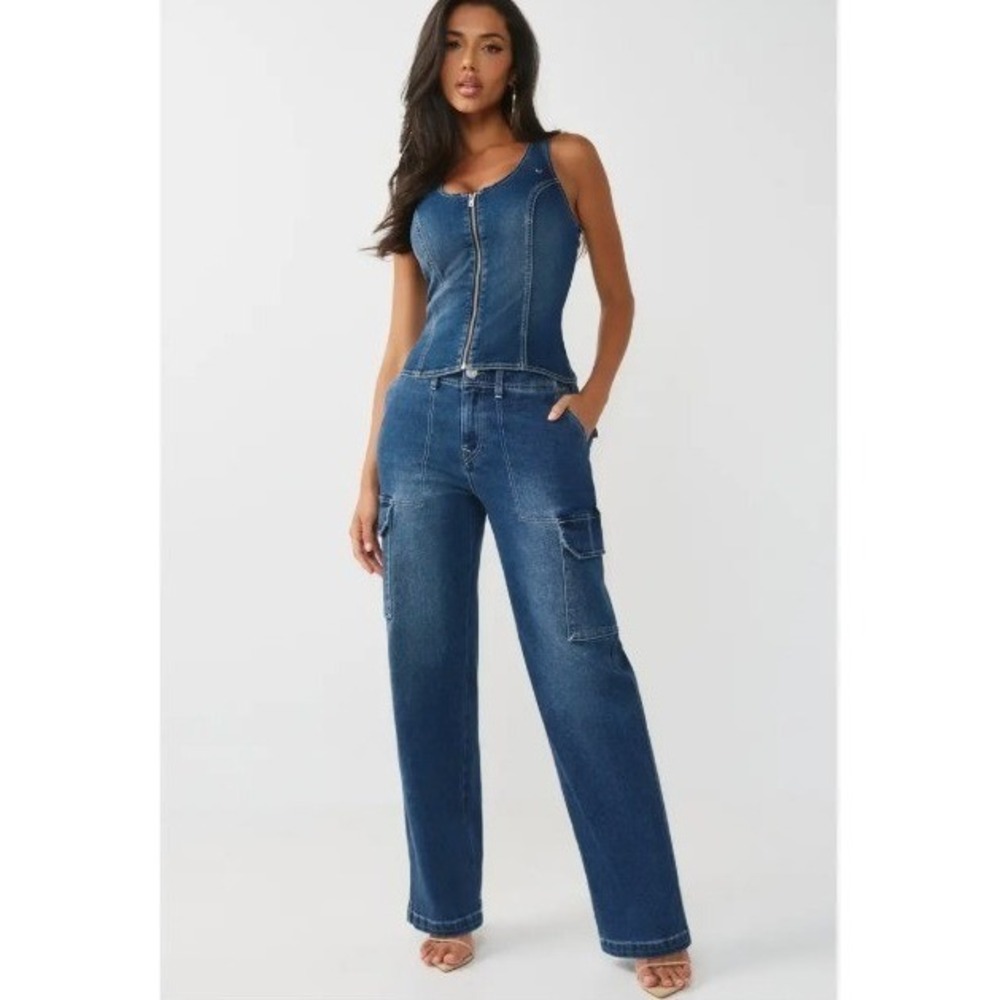 NWT True Religion Women's Cargo SN Straight Jeans Size 28 Medium Blaze Wash